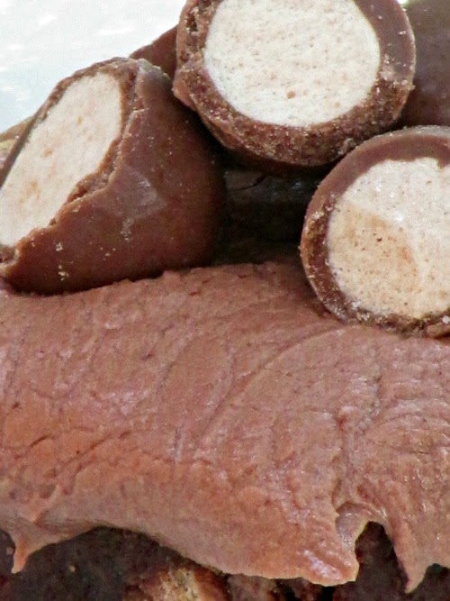 closeup of a chocolate brownie with rich malt flavored Ovaltine frosting and chopped whopper malt balls on top.