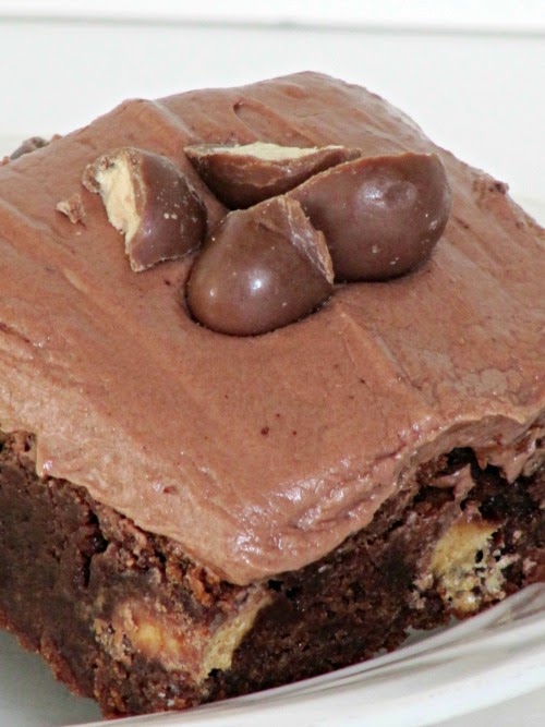Rich chocolate brownie with chopped malt balls inside and malt flavored frosting with whopper malt balls on top