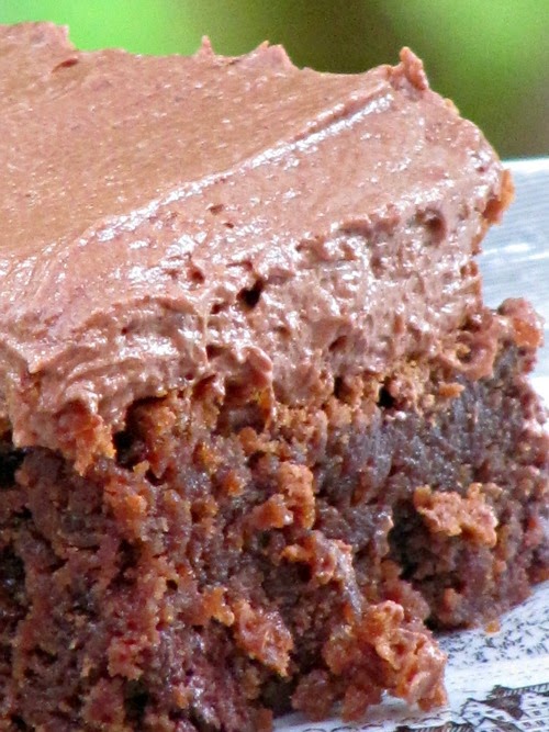 closeup angled view of a rich dark Joy the Baker Chocolate Frosted Brownie against a green background.