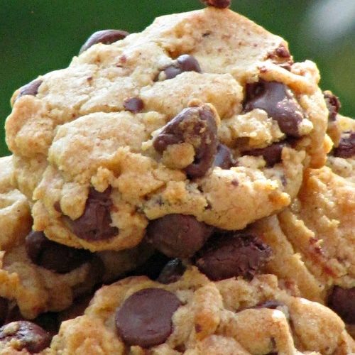 Closeup of golden brown chocolate chip cookies with browned butter