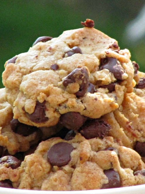 Closeup of golden brown chocolate chip cookies with browned butter