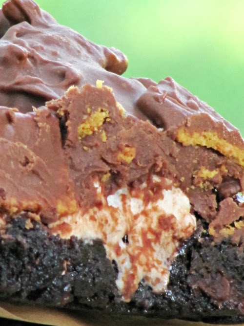Closeup of a rich chocolate s'more brownie showing the melted milk chocolate and graham cracher cereal topping, marshmallow center and chocolate brownie base