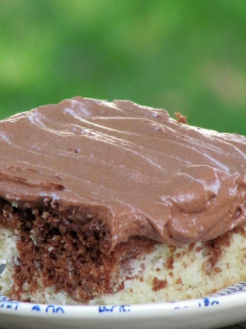 Square of chocolate marble cake with mocha frosting against a green background