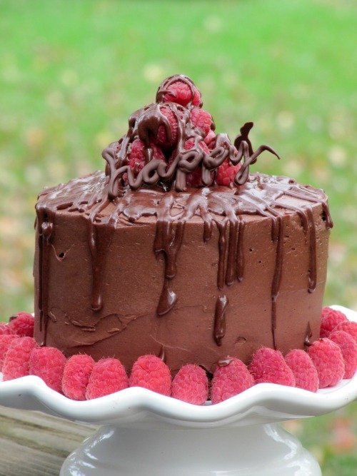 Side view of a round chocolate frosted chocolate buttermilk cake covered with rich buttercream chocolate icing and a chocolate glaze drizzled over the top of the cake and the fresh raspberry garnish topping the cake. A ring of fresh berries rings the cake on the white footed cake stand.