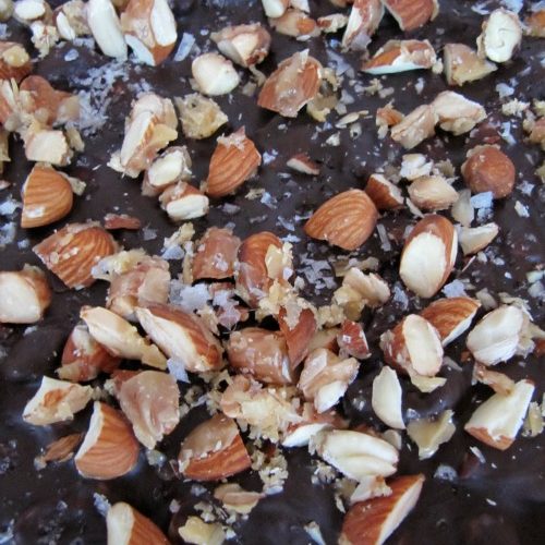 Close up photo of chocolate covered caramelized almond bark with roasted almond pieces on top