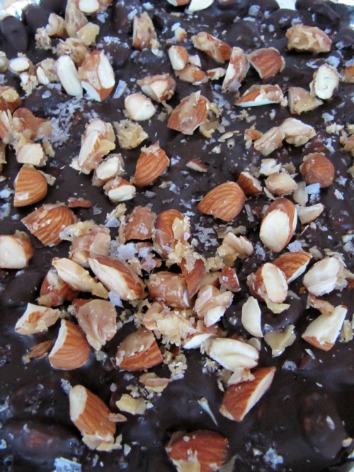 overhead view of a tray of homemade dark chocolate almond bark covered with candied almonds and sea salt.