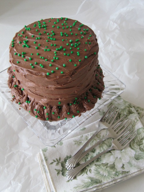 overhead view of a round chocolate layer cake on a glass cake stand. The cake is made with guiness stout, frosted with chocolate frosting and covered with green sprinkles