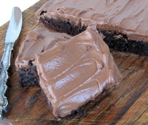 closeup of two dark chocolate fudgy cocoa brownies with chocolate frosting leaning against each other on a brown wooden board with a slab of chocolate frosted brownies in the background.