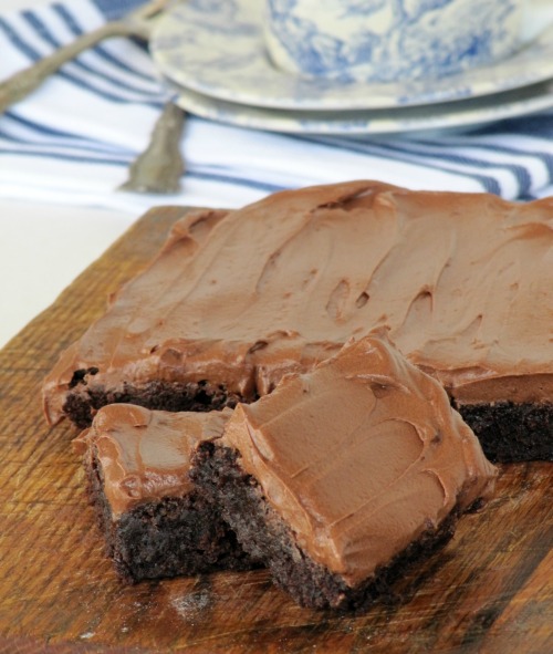 Slab of frosted fudgy cocoa brownies with two cut brownie squares in front on a wooden cutting board