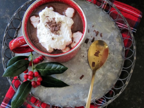 overhead view of a mug of spiced bourbon hot chocolateand topped with sweet whipped cream. The mug is on a round metal tray with a silver serving spoon and christmas holly berry decorations.