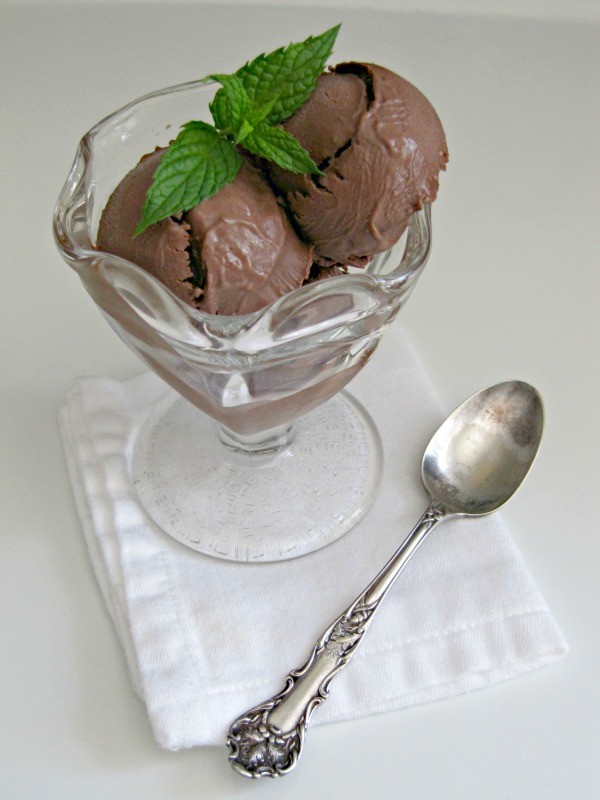 Glass dish holding two large scoops of homemade dark chocolate ice cream.