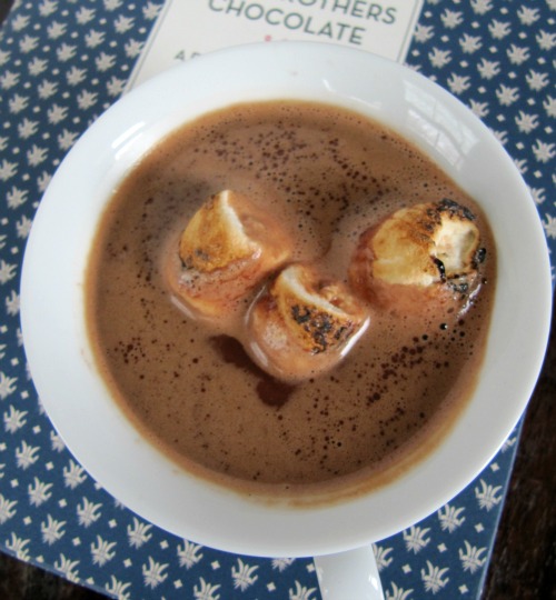 Top view of a white cup of mast brothersclassic hot cocoa drink sitting on top of the mast brothers cookbook. The cocoa is topped with three toasted marshmallows.