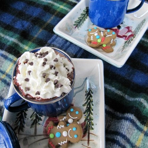 A blue plaid table covering holds two rectangular white trays one with a mug brimming with polar express hot chocolate topped with whipped cream and sprinkles and the other with a covered mug of hot chocolate. Both trays have a couple of decreated gingerbread men cookies.