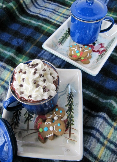A blue plaid table covering holds two rectangular white trays one with a mug brimming with polar express hot chocolate topped with whipped cream and sprinkles and the other with a covered mug of hot chocolate. Both trays have a couple of decreated gingerbread men cookies.