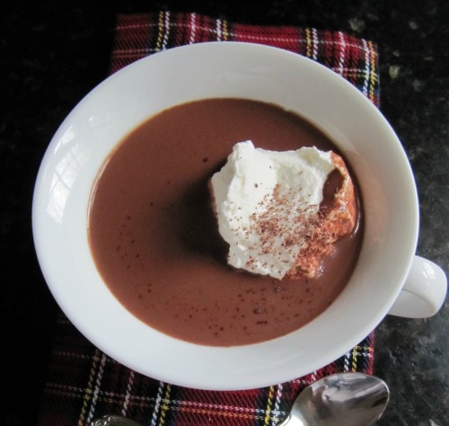 closeup overhead view into a white cup of the best and most decadent hot chocolate ever sitting on a red plaid cloth with a silver spoon on a dark table.
