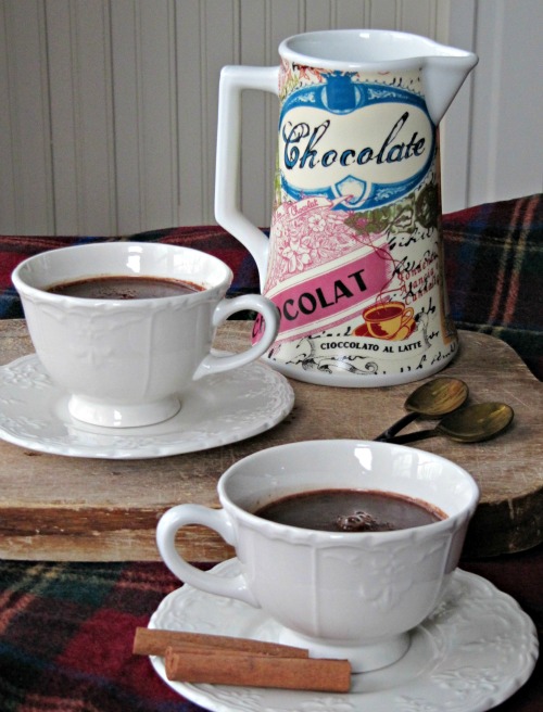 Two white cups filled with deep dark mississippi mud pie hot chocolate are sitting on white saucers one with two cinnamon sticks and the other on a wood cutting board in front of a chocolate motif decorated picher.