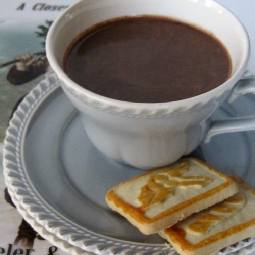 A closeup of a white ceramic cup full of hot chocolate made with a homemade cocoa mix sitting on a white plate with two shortbread cookies in front of a book about st. nicholas