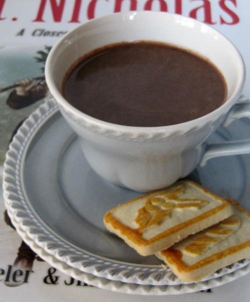 A closeup of a white ceramic cup full of hot chocolate made with a homemade cocoa mix sitting on a white plate with two shortbread cookies in front of a book about st. nicholas