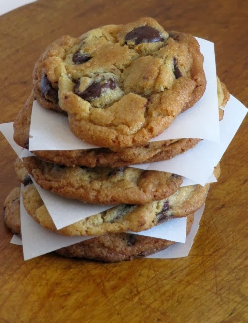 Side view of a stack of luscious chocolate chip cookies the best ever by jacques torres.