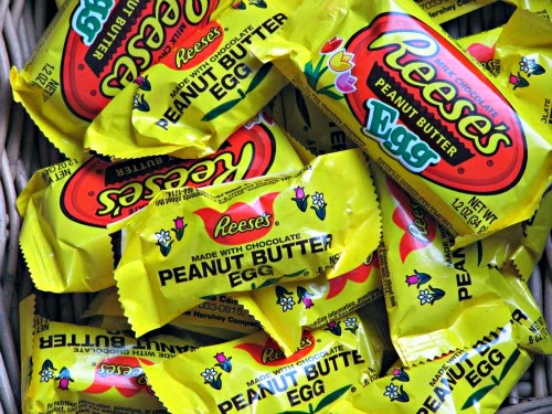 A closeup photo of yellow and red Reese's peanut butter eggs for making Reese's Peanut Butter Egg Banana Bread.