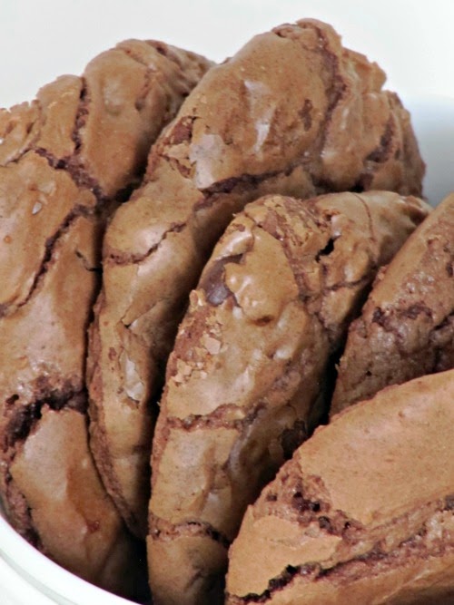 Closeup side view of thick chocolate brownie cookies with crinkly surfaces in a white bowl.