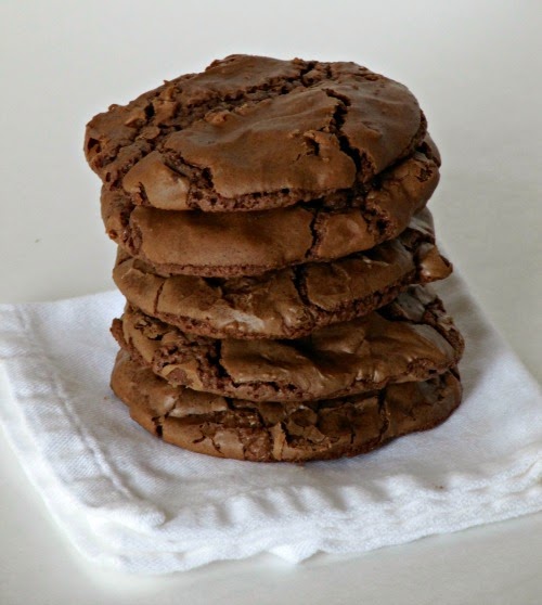 A stack of chocolate brownie cookies filled with chocolate chips sits on a stack of white napkins against a white background.