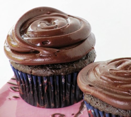 Closeup of a dark chocolate cupcake with chocolate espresso frosting sitting on a pink tray against a white background.