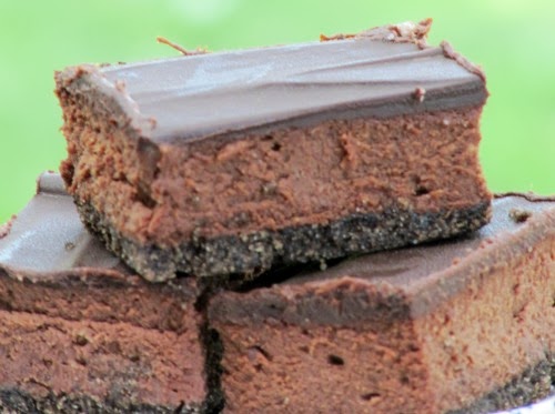 A closeup view of three chocolate chocolate cheescake bars with chocolate cookie, cinnamon and espresso crust, creamy chocolate filling and a rich chocolate glaze on top, set against a green background.