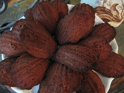 Overhead closeup view of a plate of chocolate madeleines or madeleines au chocolat on a white plate.