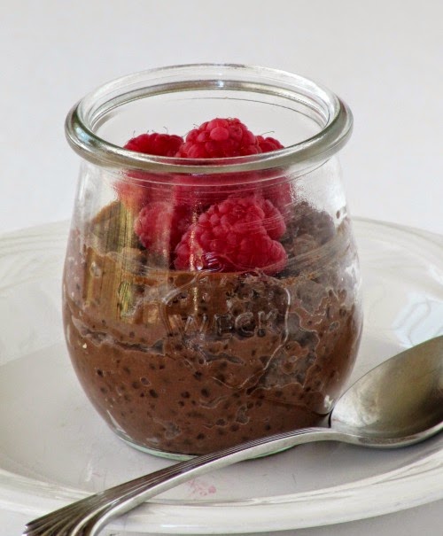 A glass of creamy chocolate tapioca pudding with a fresh red raspberry garnish is sitting on a white plate along with a silver spoon against a white background.