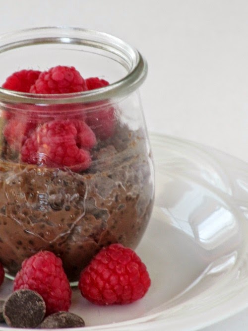 Close up image of a glass of chocolate tapioca pudding made with dark chocolate, tapioca, sugar, and milk with fresh red raspberries on top, sitting on a white plate along with two red raspberries and a few dark chocolate chips.