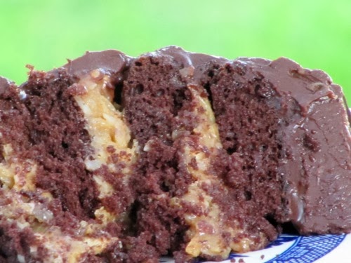 closeup front view of a slice of coconut-pecan filled inside out german chocolate cake with fudge frosting sitting on a blue and white plate aginst a green background.