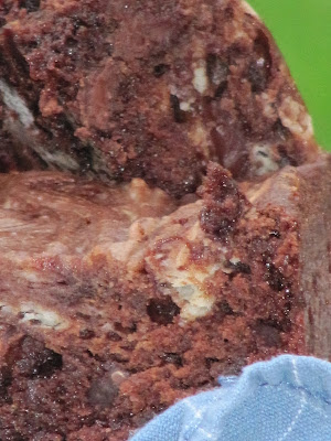 A closeup side view of two cream cheese brownies behind a corner of a light blue cloth.