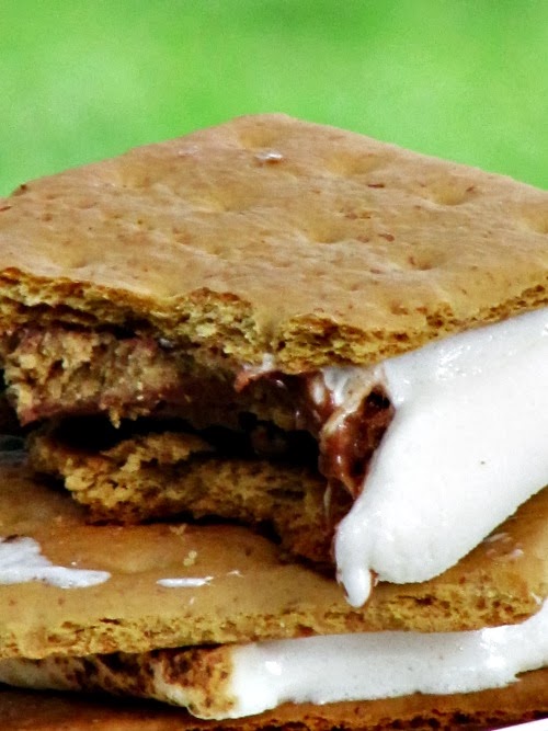Close up image of two melty peanut butter cup s'mores in a stack, showing melted marshmallow filling along with melted Reese's peanut butter and chocolate cups between graham crackers against a green background.
