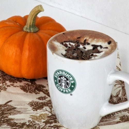 A tall white starbucks coffee mug is filled with salted caramel hot chocolate made with dark chocolate, dulce de leche caramel sauce, and heavy cream, topped with whipped cream and dark chocolate shavings. The mug is on a brown and beige printed table covering along with an orange pumpkin.