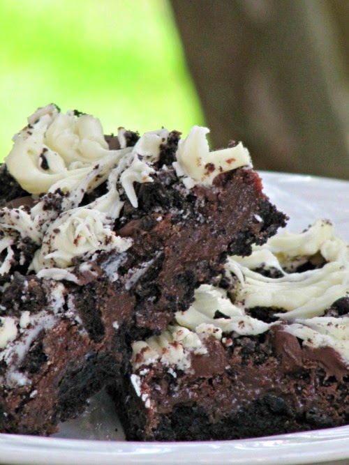 A side view of a white plate holding several triple chocolate Oreo bars, made with Oreo crust, a soft chocolate center and swirls of dark chocolate and white chocolate and Oreo chunks on top.