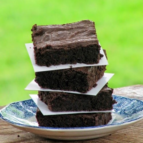 A stack of four ultimate fudgy brownies made with dark chocolate with moist bottoms and crisp tops is sitting on a blue-floral rimmed white plate on a wood table against a green background.