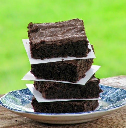 A stack of four ultimate fudgy brownies made with dark chocolate with moist bottoms and crisp tops is sitting on a blue-floral rimmed white plate on a wood table against a green background.
