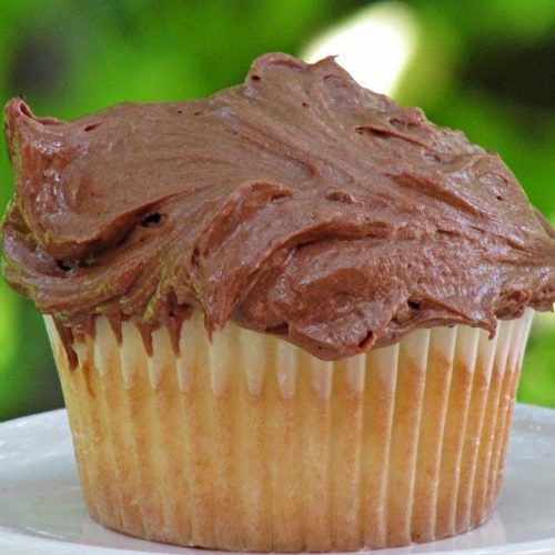 A single vanilla cupcake with mocha buttercream frosting is sitting on a white plate against a green background.