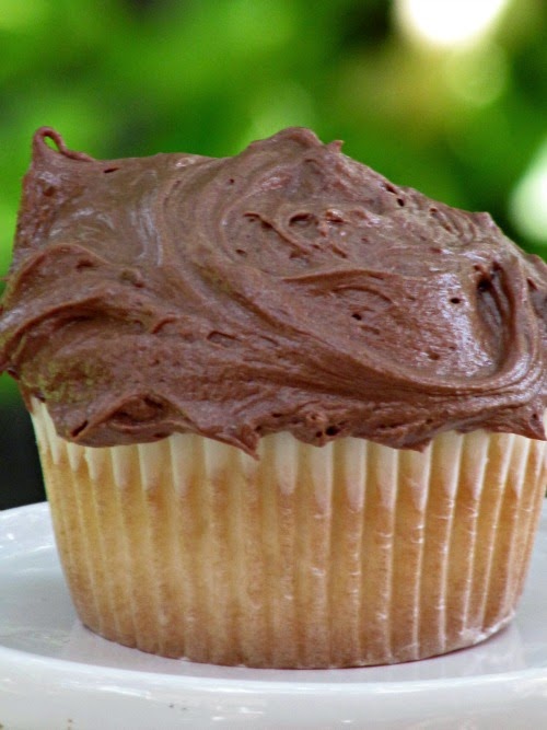 A side view of a single tender vanilla cupcake with mocha buttercream frosting sitting on a white plate against a green background shows the thick chocolate frosting on top of the cupcake.
